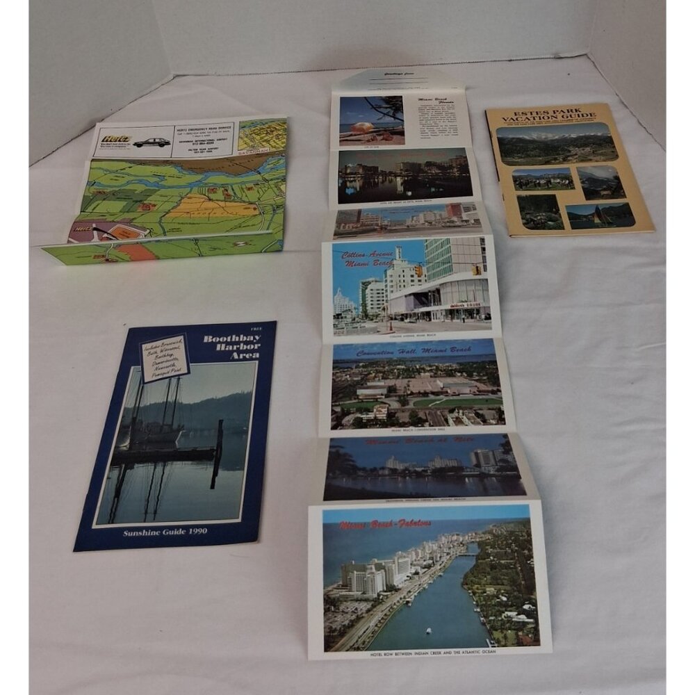 VTG  1980s Travel Ephemera Lot Maps Guides Miami Beach Estes Park Boothbay USA